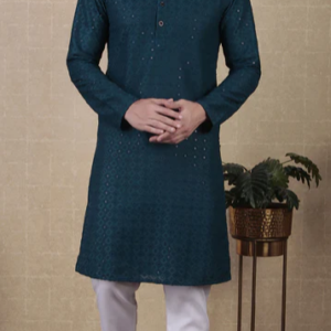 Teal Men's Wear ReadyMade Kurta Payjama With Designer Sequence Embroidery Work